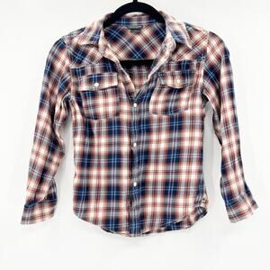 Lucky Brand Kids Boys Orange Blue Flannel Plaid Button Down Shirt Size 7‎